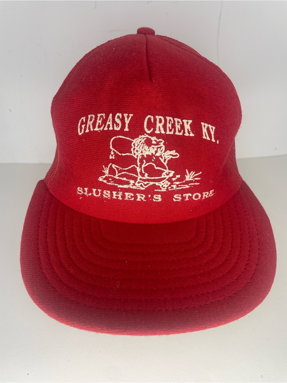 Vintage Trucker Hat Greasy Creek KY Red Foam Mesh Red Neck Stop Snapback